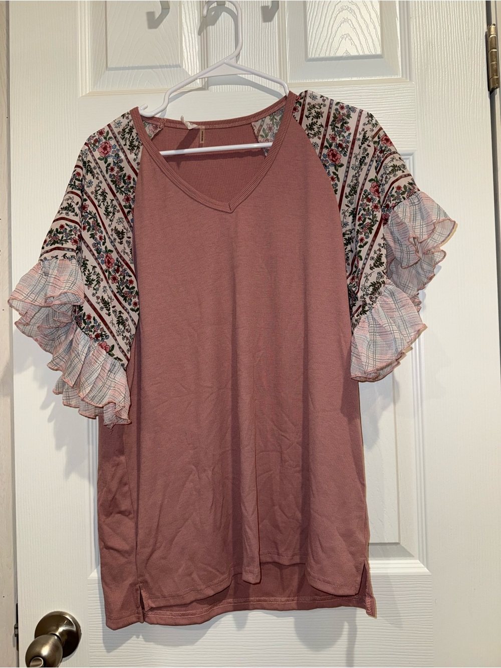 Love Rose-Pink V-Neck Top with Floral Ruffle Sleeves